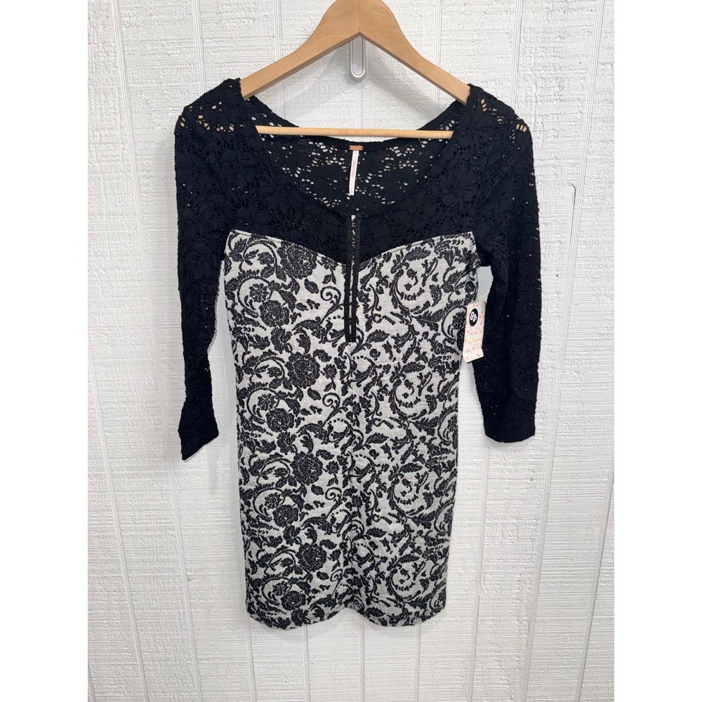 Free People Mini Dress Womens Black Grey Lace Damask Boho F300U650 Size S NWT